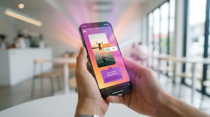 Mains tenant un smartphone affichant une Story Instagram interactive avec un sondage et une question sur les voyages.