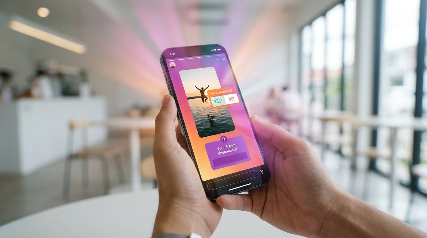 Mains tenant un smartphone affichant une Story Instagram interactive avec un sondage et une question sur les voyages.