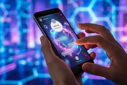 Mains tenant un smartphone affichant une interface de Story Instagram sur un fond numérique bleu et violet.