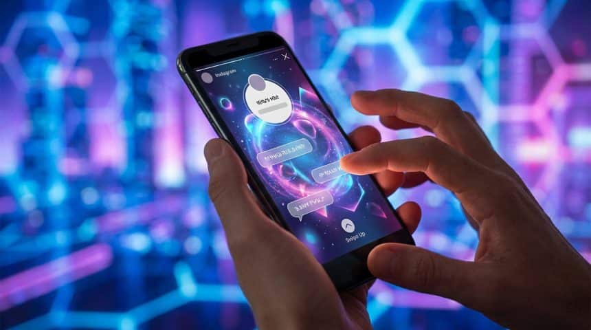 Mains tenant un smartphone affichant une interface de Story Instagram sur un fond numérique bleu et violet.