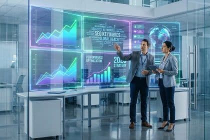 Deux professionnels analysant des graphiques de données marketing sur un écran tactile transparent dans un bureau moderne.