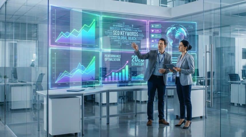 Deux professionnels analysant des graphiques de données marketing sur un écran tactile transparent dans un bureau moderne.