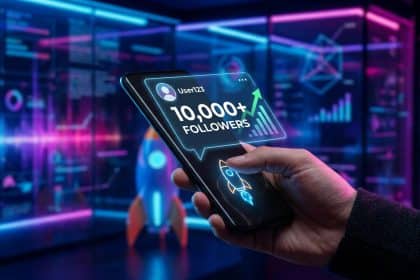 Main tenant un smartphone affichant une croissance de 10 000 abonnés avec une fusée en arrière-plan.