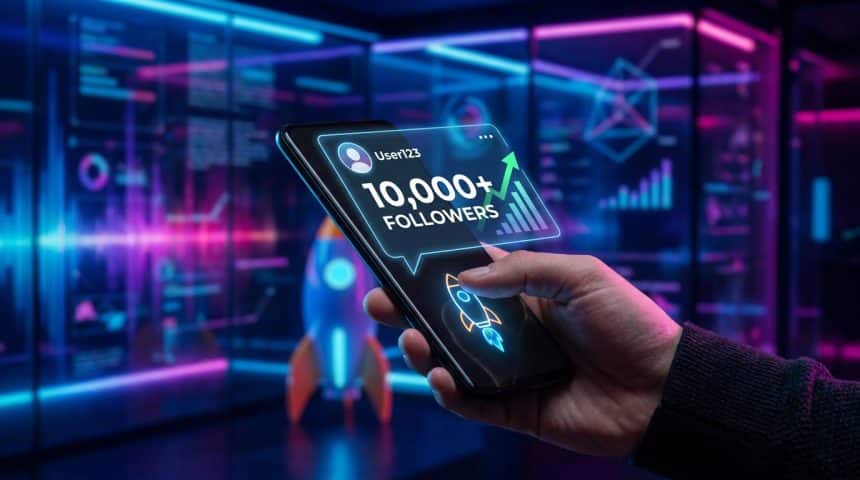 Main tenant un smartphone affichant une croissance de 10 000 abonnés avec une fusée en arrière-plan.