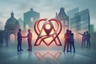 Logo stylisé d'Airbnb en forme de cœur et de pointe de localisation devant des silhouettes urbaines floues.