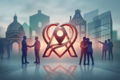 Logo stylisé d'Airbnb en forme de cœur et de pointe de localisation devant des silhouettes urbaines floues.