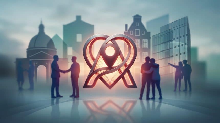 Logo stylisé d'Airbnb en forme de cœur et de pointe de localisation devant des silhouettes urbaines floues.