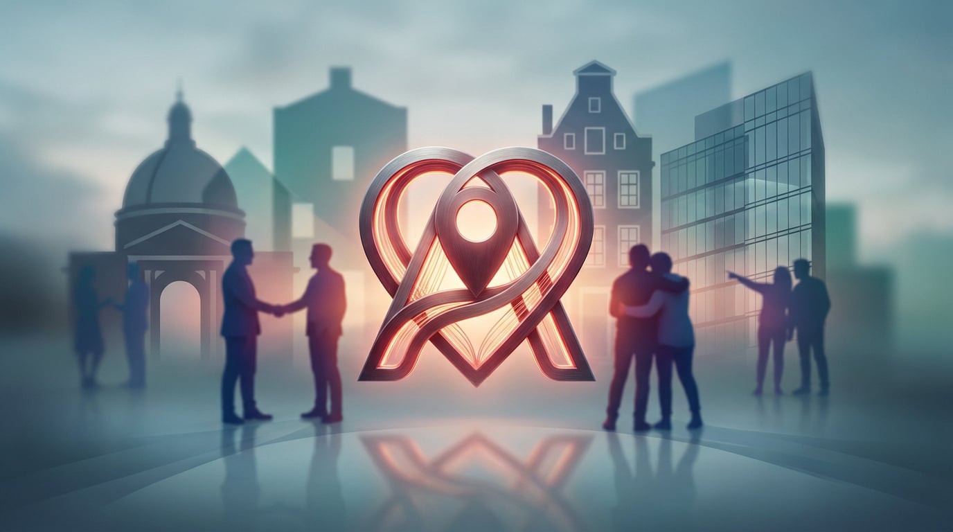 Logo stylisé d'Airbnb en forme de cœur et de pointe de localisation devant des silhouettes urbaines floues.