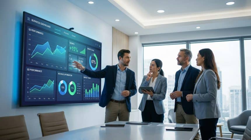 Une équipe de professionnels examine un tableau de bord numérique sur un grand écran dans une salle de réunion.