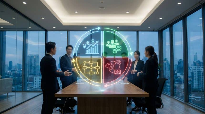 Équipe d'affaires dans une salle de réunion examinant un schéma holographique circulaire représentant la stratégie.