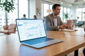 Ordinateur portable ouvert sur une table en bois affichant un tableau de bord analytique dans un bureau moderne.