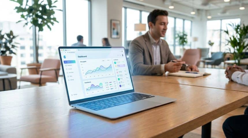 Ordinateur portable ouvert sur une table en bois affichant un tableau de bord analytique dans un bureau moderne.