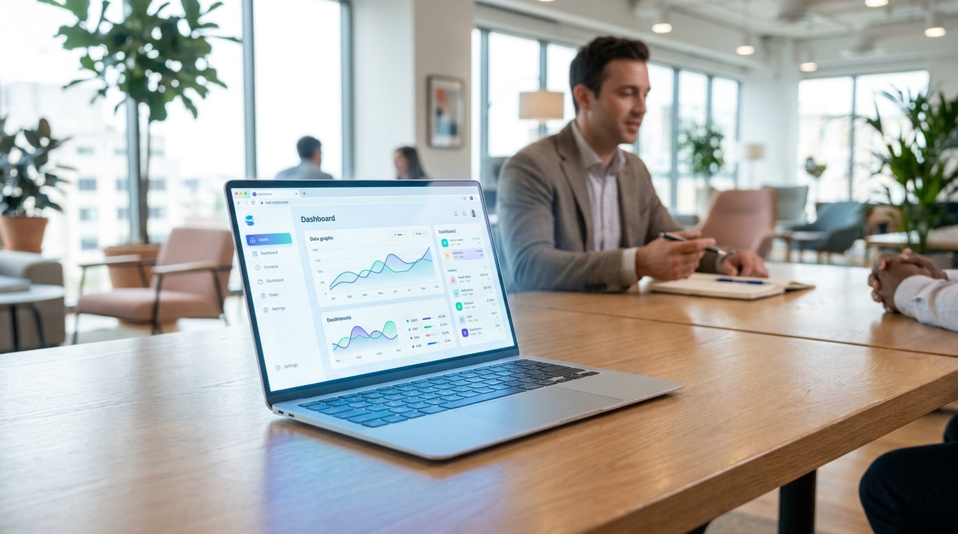 Ordinateur portable ouvert sur une table en bois affichant un tableau de bord analytique dans un bureau moderne.