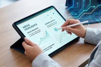 Une personne utilisant un stylet sur une tablette affichant des graphiques de performance média et de croissance.