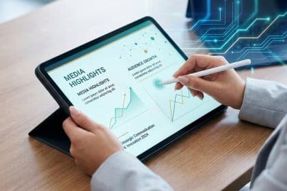 Une personne utilisant un stylet sur une tablette affichant des graphiques de performance média et de croissance.
