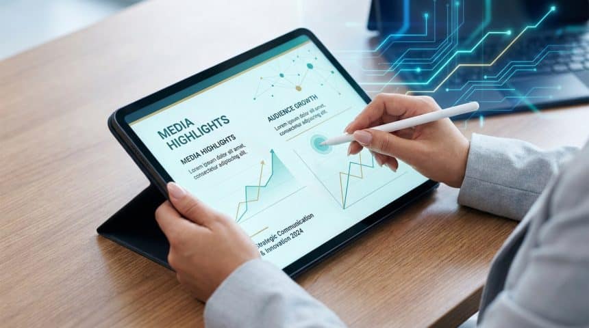 Une personne utilisant un stylet sur une tablette affichant des graphiques de performance média et de croissance.