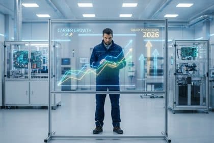 Un technicien de maintenance devant un écran numérique affichant une courbe de croissance salariale pour 2026.
