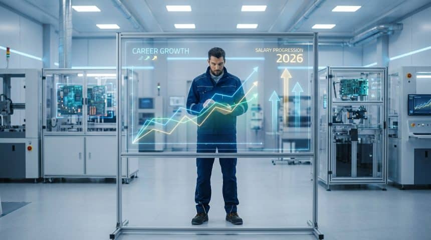 Un technicien de maintenance devant un écran numérique affichant une courbe de croissance salariale pour 2026.