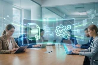 Des professionnels en réunion autour d'une table avec des icônes holographiques de documents et de conformité.