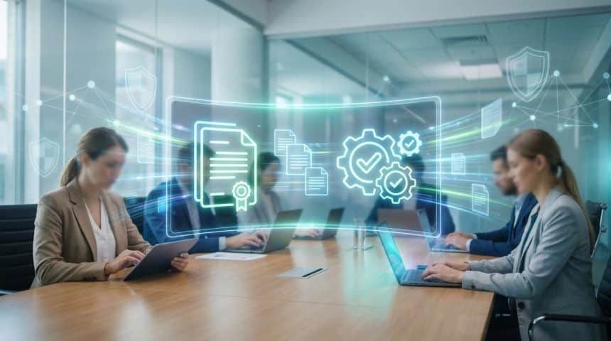 Des professionnels en réunion autour d'une table avec des icônes holographiques de documents et de conformité.