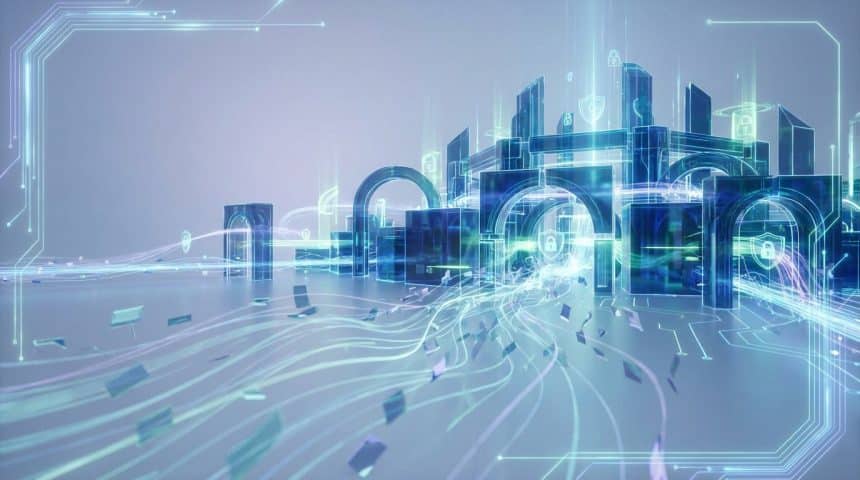 Ville futuriste en verre avec des flux de données lumineux et des icônes de cadenas symbolisant la cybersécurité.